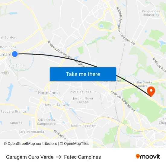 Garagem Ouro Verde to Fatec Campinas map