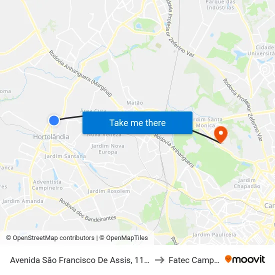 Avenida São Francisco De Assis, 1128-1264 to Fatec Campinas map