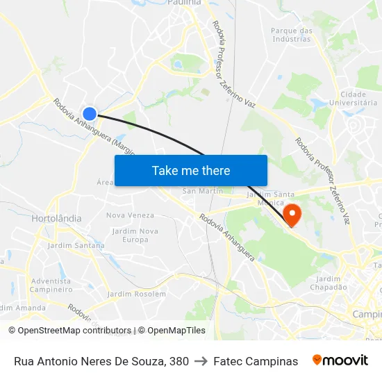 Rua Antonio Neres De Souza, 380 to Fatec Campinas map