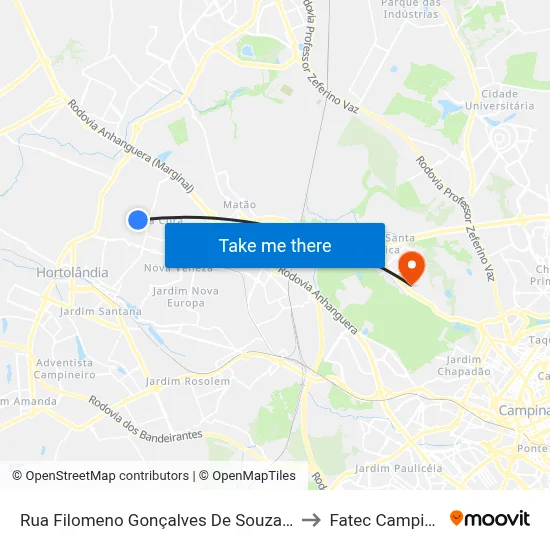 Rua Filomeno Gonçalves De Souza, 498 to Fatec Campinas map