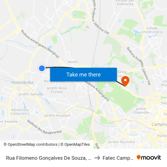 Rua Filomeno Gonçalves De Souza, 679-739 to Fatec Campinas map
