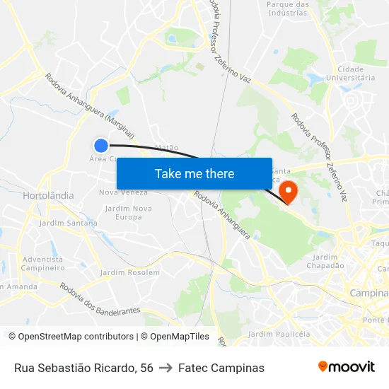 Rua Sebastião Ricardo, 56 to Fatec Campinas map