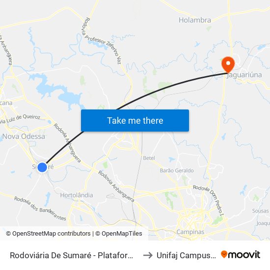 Rodoviária De Sumaré - Plataforma 4 to Unifaj Campus III map