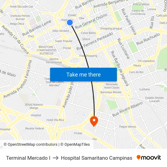 Terminal Mercado I to Hospital Samaritano Campinas map