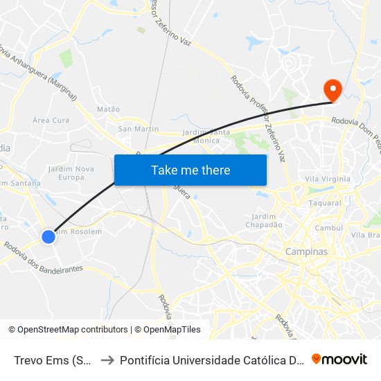 Trevo Ems (Sentido Monte Mor) to Pontifícia Universidade Católica De Campinas - Puc-Campinas (Campus I) map