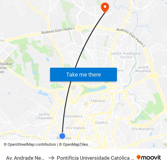 Av. Andrade Neves - Rua Delfino Cintra to Pontifícia Universidade Católica De Campinas - Puc-Campinas (Campus I) map