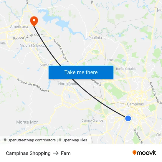 Campinas Shopping to Fam map