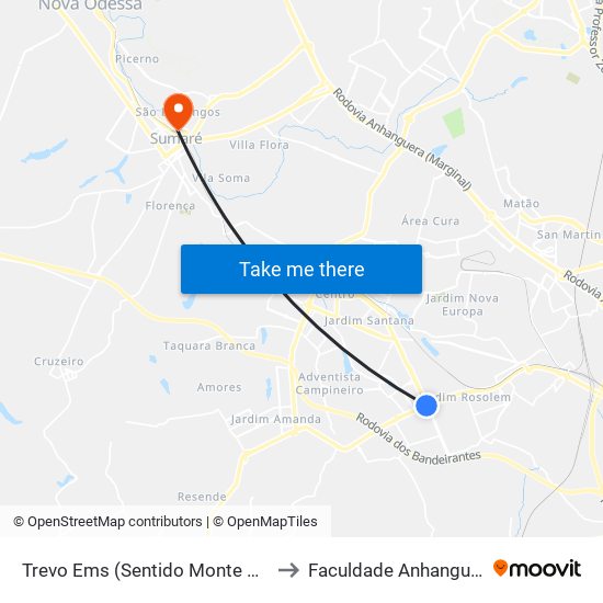 Trevo Ems (Sentido Monte Mor) to Faculdade Anhanguera map