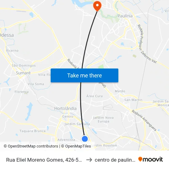 Rua Eliel Moreno Gomes, 426-552 to centro de paulinia map