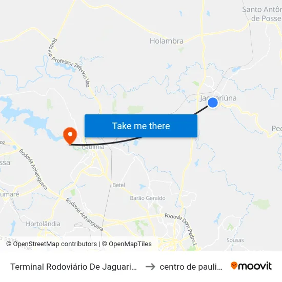 Terminal Rodoviário De Jaguariúna to centro de paulinia map