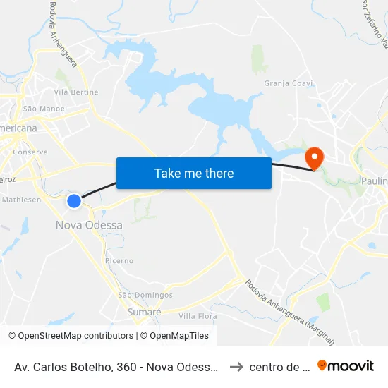 Av. Carlos Botelho, 360 - Nova Odessa, Sp, 13380-001, Brasil to centro de paulinia map