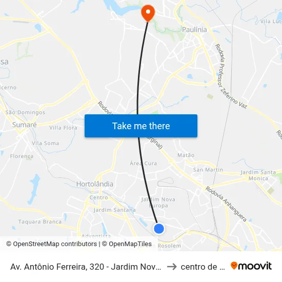 Av. Antônio Ferreira, 320 - Jardim Novo Angulo, Hortolândia to centro de paulinia map