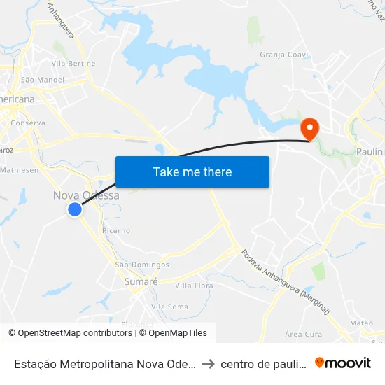 Estação Metropolitana Nova Odessa to centro de paulinia map