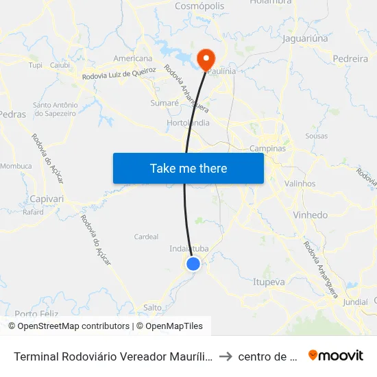 Terminal Rodoviário Vereador Maurílio Gonçalves Pinto to centro de paulinia map