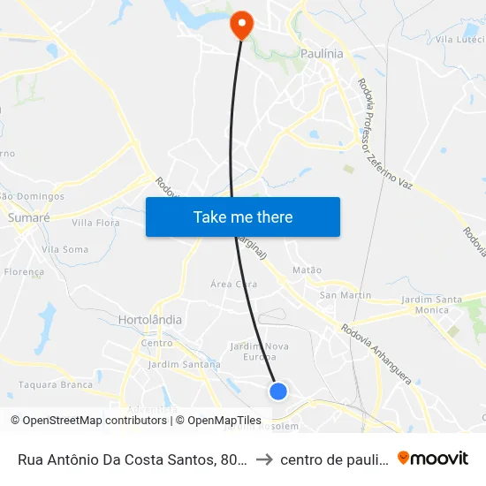 Rua Antônio Da Costa Santos, 80-150 to centro de paulinia map