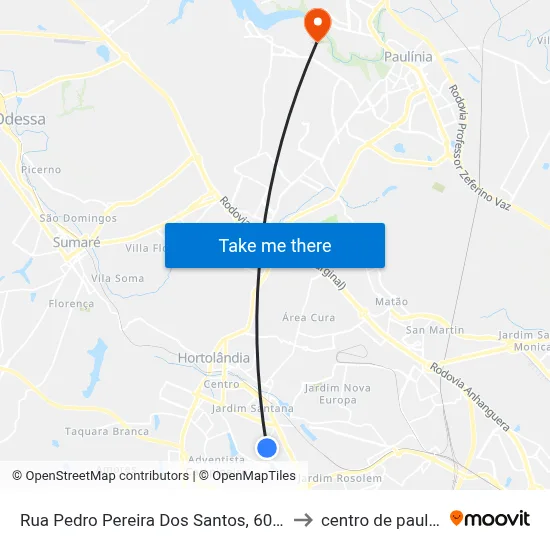 Rua Pedro Pereira Dos Santos, 601-631 to centro de paulinia map