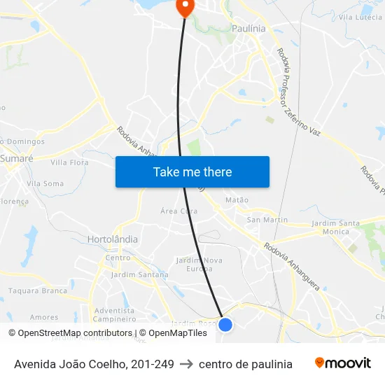 Avenida João Coelho, 201-249 to centro de paulinia map
