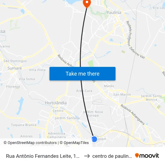 Rua Antônio Fernandes Leite, 161 to centro de paulinia map