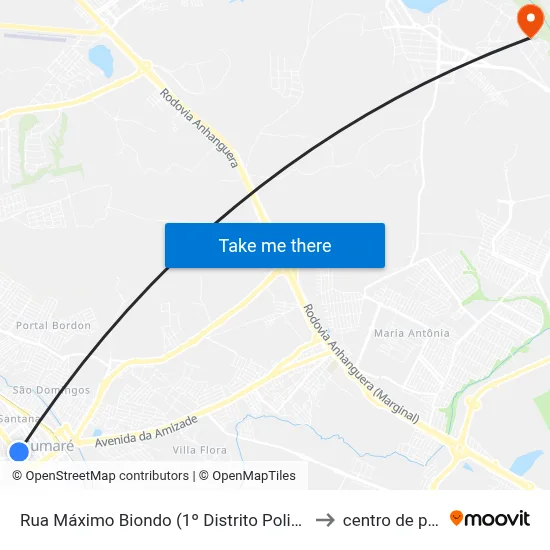 Rua Máximo Biondo (1º Distrito Policial De Sumaré) to centro de paulinia map