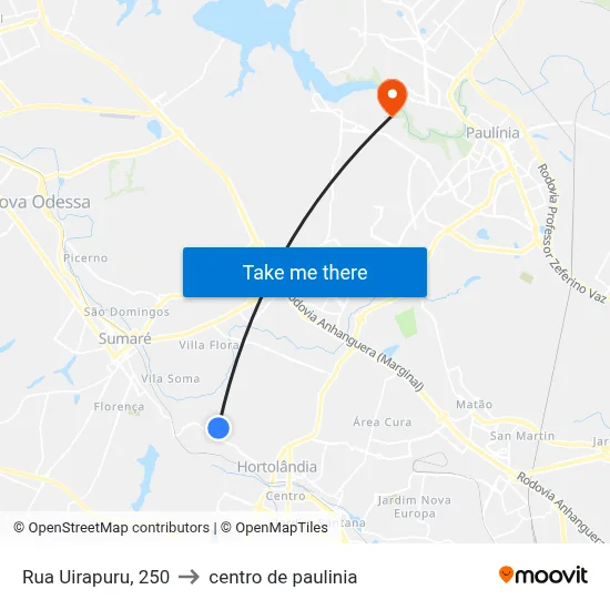 Rua Uirapuru, 250 to centro de paulinia map