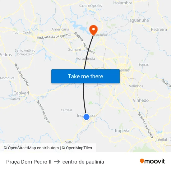 Praça Dom Pedro II to centro de paulinia map