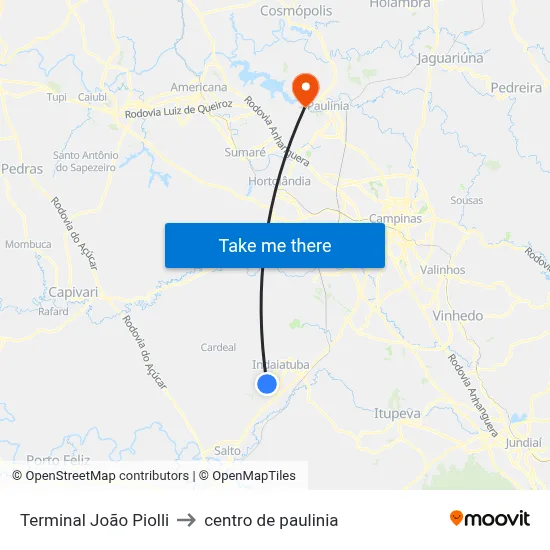 Terminal João Piolli to centro de paulinia map