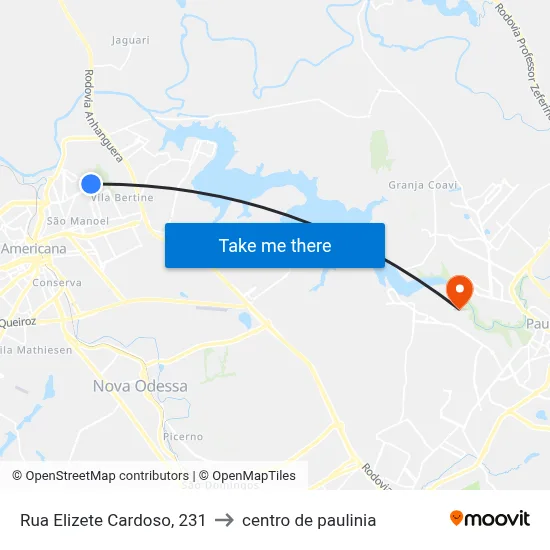 Rua Elizete Cardoso, 231 to centro de paulinia map