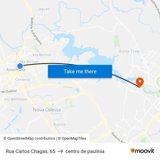 Rua Carlos Chagas, 65 to centro de paulinia map
