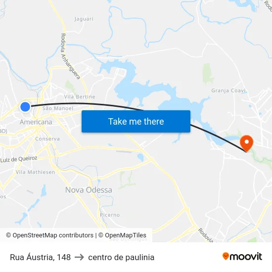 Rua Áustria, 148 to centro de paulinia map