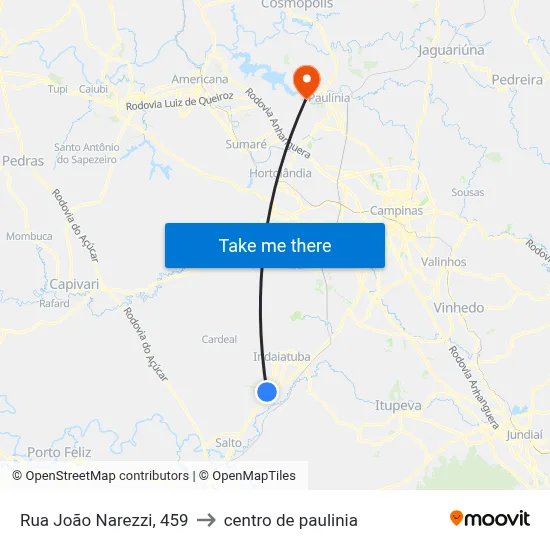 Rua João Narezzi, 459 to centro de paulinia map
