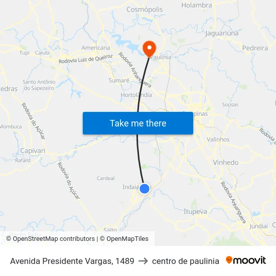 Avenida Presidente Vargas, 1489 to centro de paulinia map