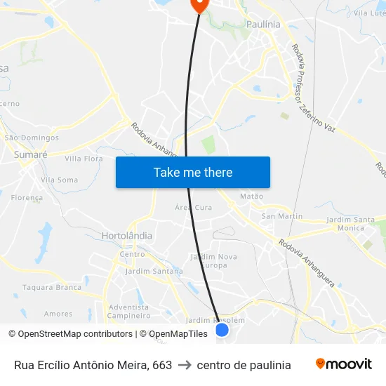 Rua Ercílio Antônio Meira, 663 to centro de paulinia map