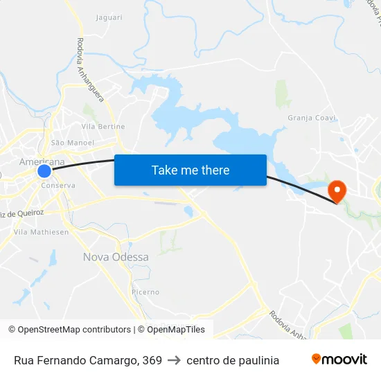 Rua Fernando Camargo, 369 to centro de paulinia map