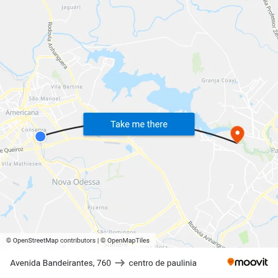 Avenida Bandeirantes, 760 to centro de paulinia map
