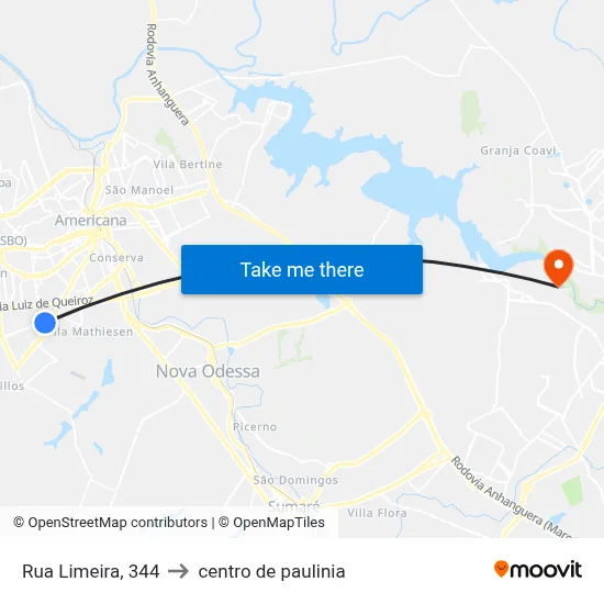 Rua Limeira, 344 to centro de paulinia map