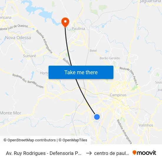 Av. Ruy Rodrigues - Defensoria Pública to centro de paulinia map