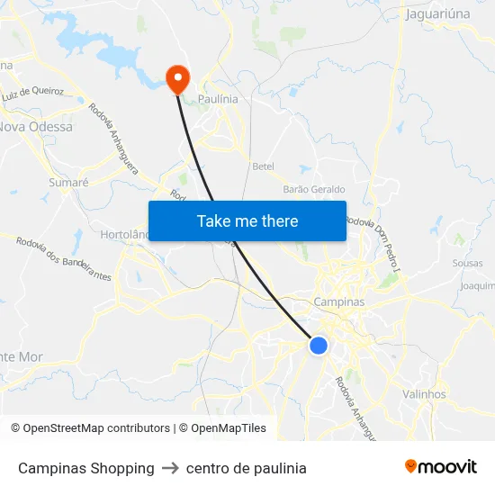 Campinas Shopping to centro de paulinia map