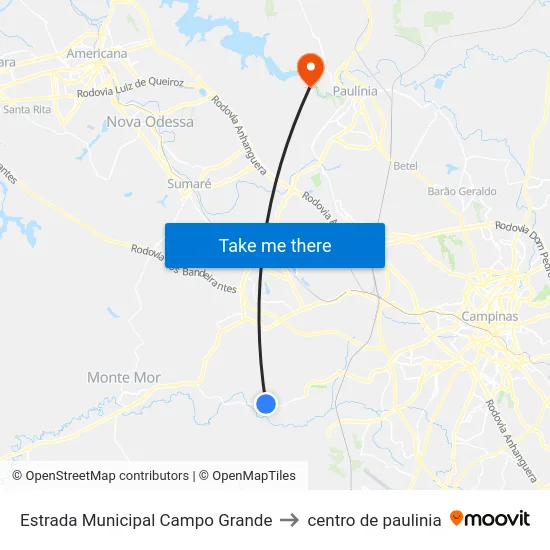 Estrada Municipal Campo Grande to centro de paulinia map