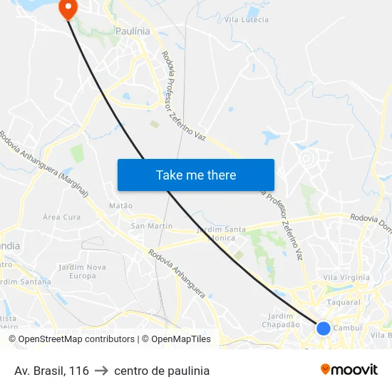 Av. Brasil, 116 to centro de paulinia map