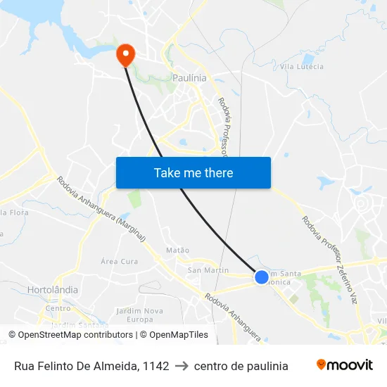 Rua Felinto De Almeida, 1142 to centro de paulinia map