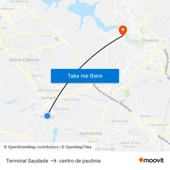 Terminal Saudade to centro de paulinia map