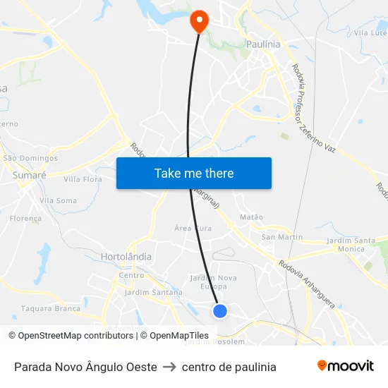 Parada Novo Ângulo Oeste to centro de paulinia map