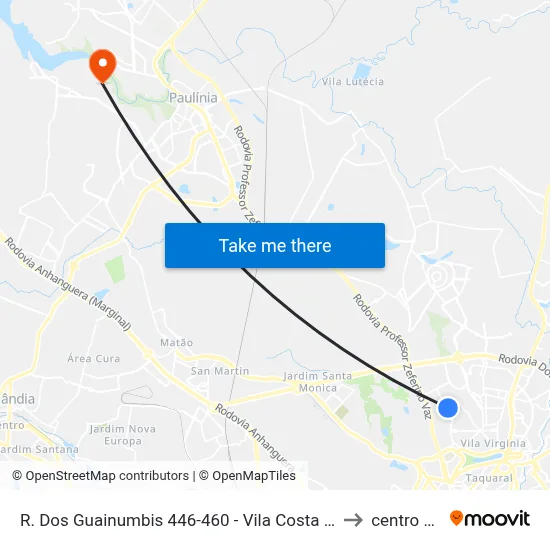 R. Dos Guainumbis 446-460 - Vila Costa E Silva Campinas - SP 13081-530 Brasil to centro de paulinia map
