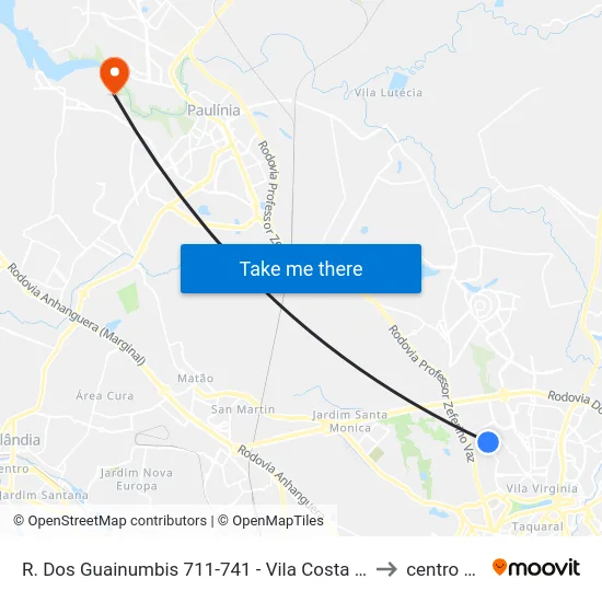 R. Dos Guainumbis 711-741 - Vila Costa E Silva Campinas - SP 13081-530 Brasil to centro de paulinia map