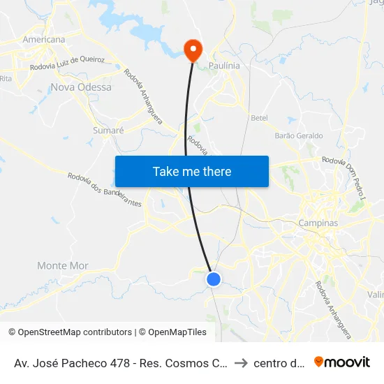 Av. José Pacheco 478 - Res. Cosmos Campinas - SP 13059-670 Brasil to centro de paulinia map