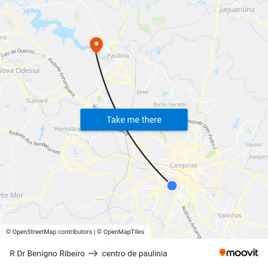 R Dr Benigno Ribeiro to centro de paulinia map
