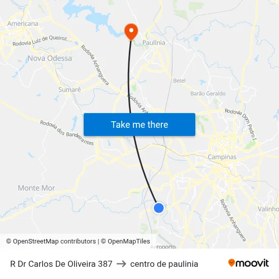 R Dr Carlos De Oliveira 387 to centro de paulinia map