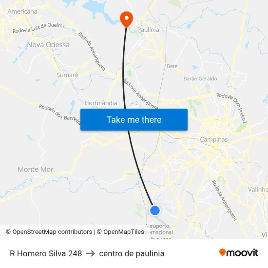 R Homero Silva 248 to centro de paulinia map