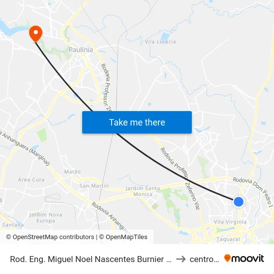 Rod. Eng. Miguel Noel Nascentes Burnier - Parque São Quirino Campinas - SP 13088-140 Brasil to centro de paulinia map