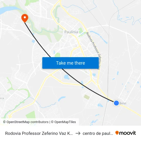 Rodovia Professor Zeferino Vaz Km 120 to centro de paulinia map